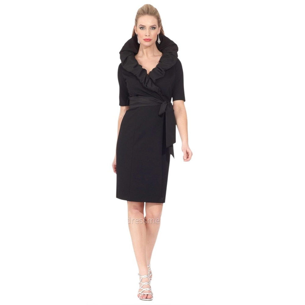 Nue By Shani Black Large Ruffle High Collar Tie Waist V-Neck Dress Size 16